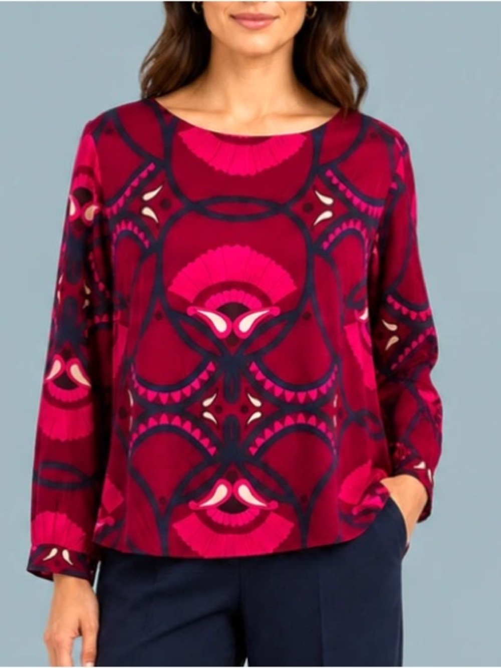 Elizabeth McKay Silk Wine and Navy Printed Long-Sleeve Blouse
